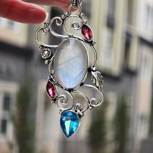 Milky Opal ✦ Blue Sapphire Garnet Pendant ✦ 925 Sterling Silver Intricate Swirl - Picture 12 of 13